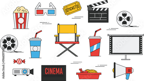 Movie and Cinema Themed Icons Featuring Popcorn, 3D Glasses, Film Reel, Ticket, Director’s Chair, and Cinema Equipment for Entertainment Design
