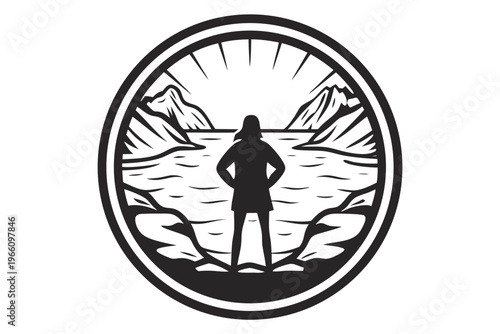 Black and white silhouette of a person standing at a counter, receptionist or customer service staff