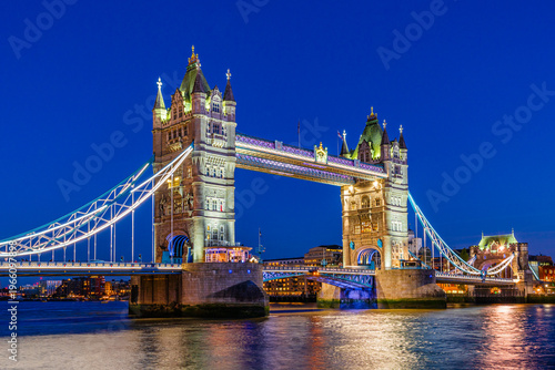 London, England, UK: Famous Tower Bridge during attwilight blue hour; famous travel landmark in England
