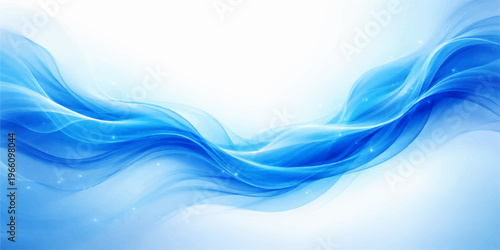 An abstract blue background features a soft flowing wave pattern with smooth lines and a light swirl design that creates a motion of sea water backdrop