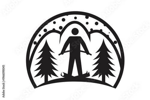 Black and white silhouette of a person standing behind a retail counter, shopkeeper or cashier concept