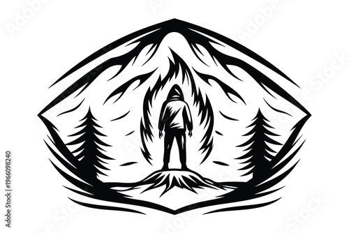 Black and white silhouette of a person standing behind a podium, conference speaker or academic lecturer