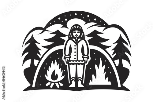 Black and white silhouette of a person standing behind a desk, information booth or support staff