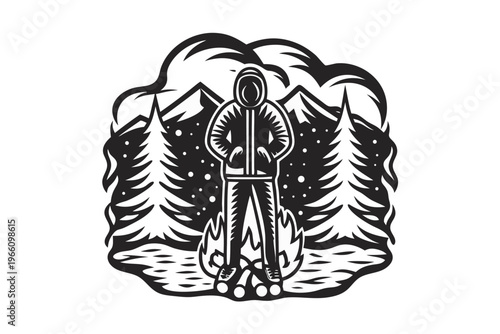 Black and white silhouette of a person standing behind a table, registration desk or event staff