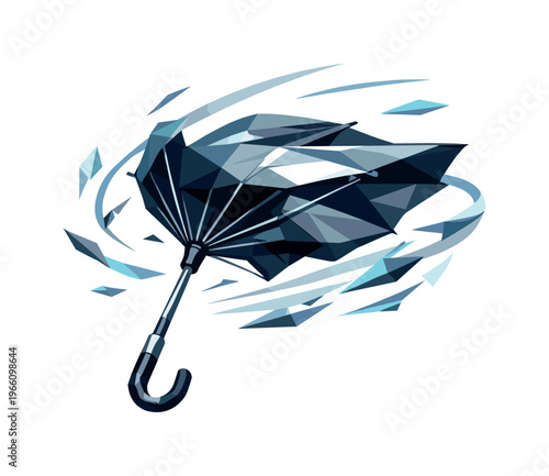 Low-poly vector illustration focused on rain umbrella flip showing the setup moment before the flip, closed umbrella beginning to