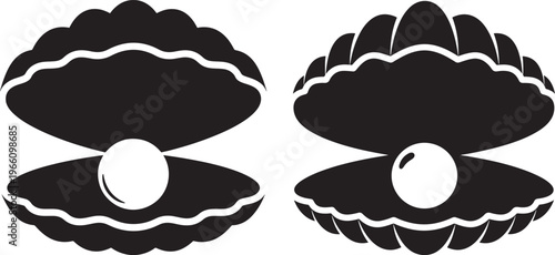 Black and white vector icons of open clam shells containing a white pearl on a white background