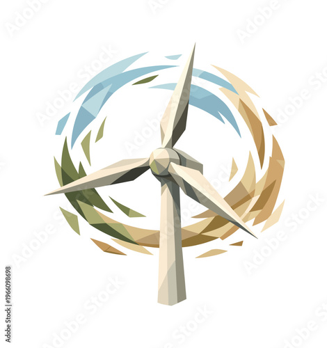 Low-poly vector illustration focused on windmill blade spin, large modern wind turbine with three sharp angular blades captured