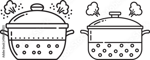 Black and white line art illustrations of two steaming cooking pots with lids and side handles