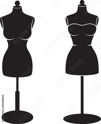 Two black silhouettes of female dressmaker mannequins on stands against a white background
