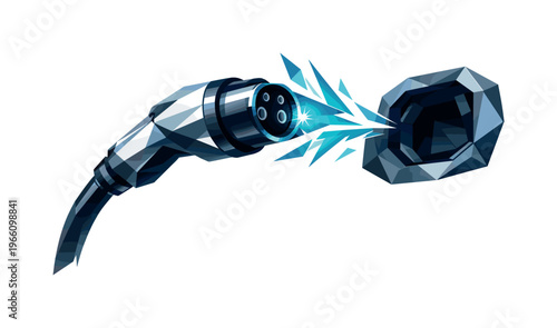 Low-poly vector illustration focused on EV charge plug showing the setup moment before connection, charging plug angled toward an