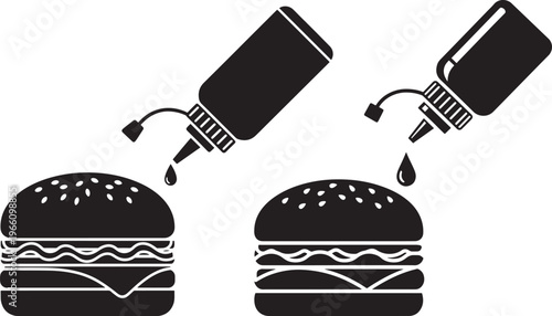 Silhouette icons of a condiment bottle pouring sauce onto a sesame seed hamburger.