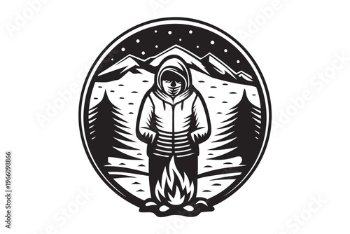 Black and white silhouette of a person standing behind a counter, customer service agent or teller