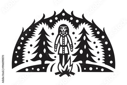 Black and white silhouette of a person standing behind a counter, hospitality reception or concierge