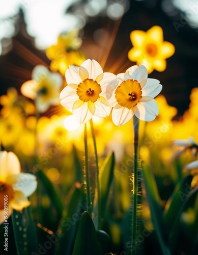 Narcissus flowers bloom in a flowerbed as sunlight filters through their petals in a garden. The scene captures the essence of spring and nature's beauty Generative AI