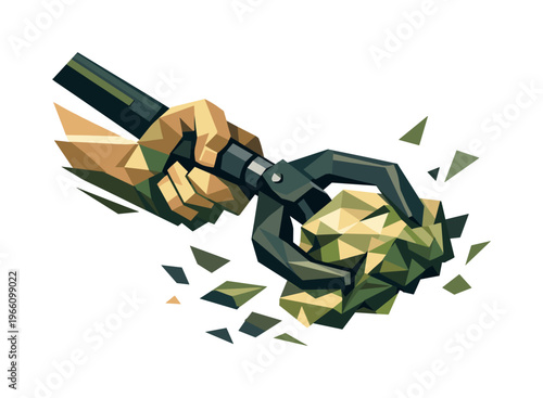 Low-poly vector illustration focused on trash cleanup grab, angular human hand gripping a faceted piece of trash with a