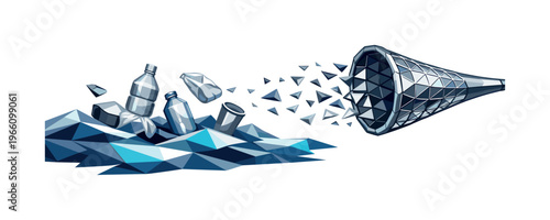 Low-poly vector illustration focused on ocean plastic capture showing the setup moment before collection, polygonal plastic