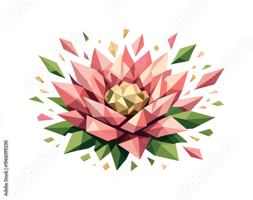 Low-poly vector illustration focused on flower bloom burst, faceted geometric flower exploding into full bloom with sharp