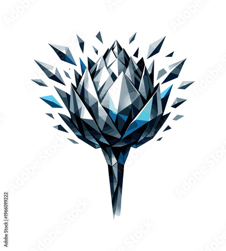 Low-poly vector illustration focused on flower bloom burst showing the setup moment before opening, tight polygonal flower bud