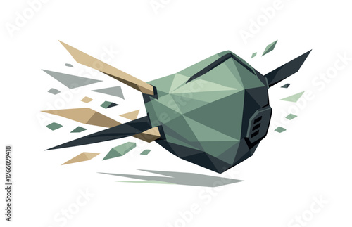 Low-poly vector illustration focused on mask snap on, angular protective face mask captured mid-motion snapping into place with