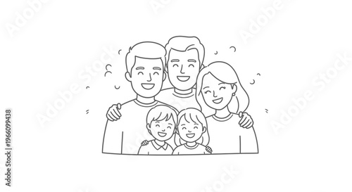 Happy loving multi-generational family portrait, parents, children, and grandparents embracing, line art isolated on white background.