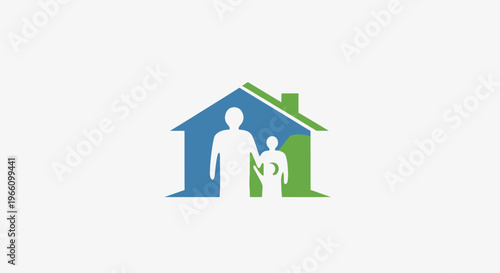 Family in a home logo, symbolizing housing, security, and care, isolated on light gray background.