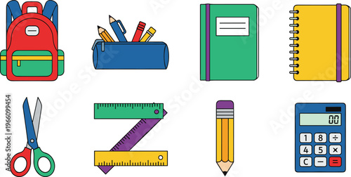 School Supplies and Stationery Icons Set Featuring Backpack, Scissors, Ruler, Pencil, Notebook, and Calculator for Education, Classroom, and Student Designs