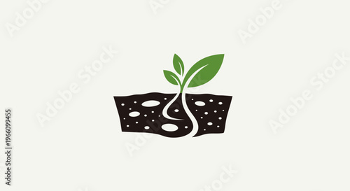 Young green plant sprout emerging from dark soil on an isolated white background.