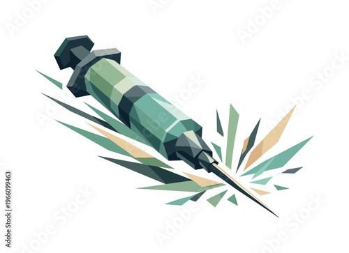 Low-poly vector illustration focused on vaccination syringe jab, angular medical syringe captured in a decisive forward jab