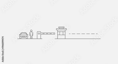 Security checkpoint concept with car, person, and barrier gate, line art illustration on light gray background.