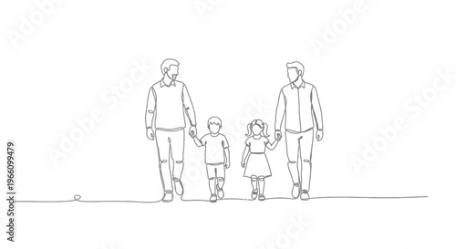 Loving family walking together, holding hands, parent and two children, one line art isolated on white background.
