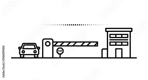 Car approaching automated barrier gate with security booth, access control system, line art illustration on light gray background.