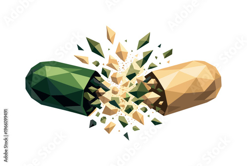 Low-poly vector illustration focused on medicine capsule split, faceted pharmaceutical capsule bursting open in midair with sharp