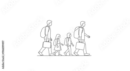 Family with two children walking and carrying bags on an isolated white background.
