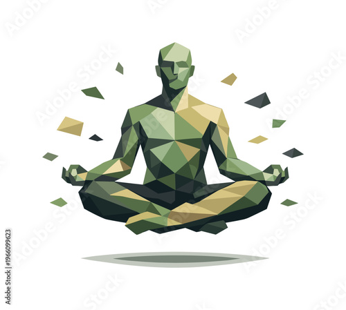 Low-poly vector illustration focused on calm meditation float, faceted human figure seated in a lotus meditation pose gently