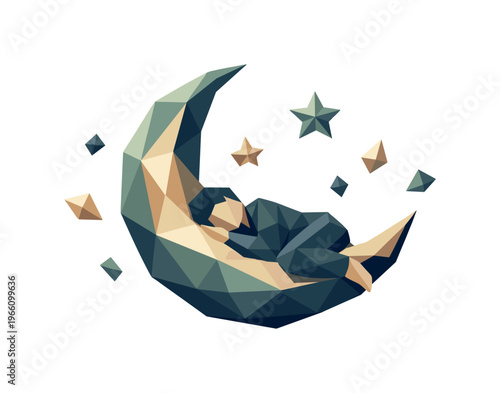 Geometric Moon Dreamscape. Low-poly vector illustration focused on sleep moon drift, faceted crescent moon gently drifting with a