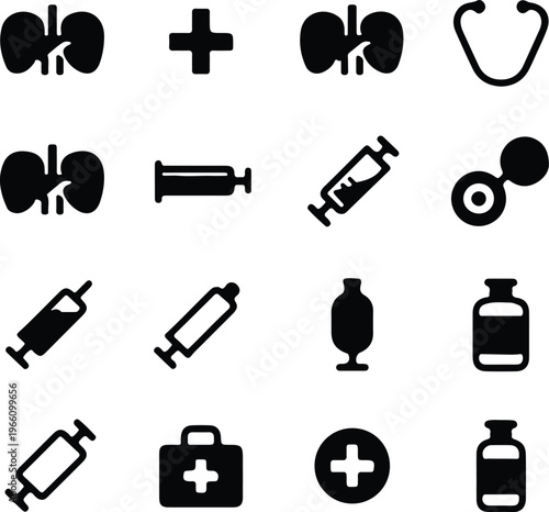Medical Icons Set With Syringes, Stethoscopes, IV Bags And First Aid Symbols For Healthcare Designs.