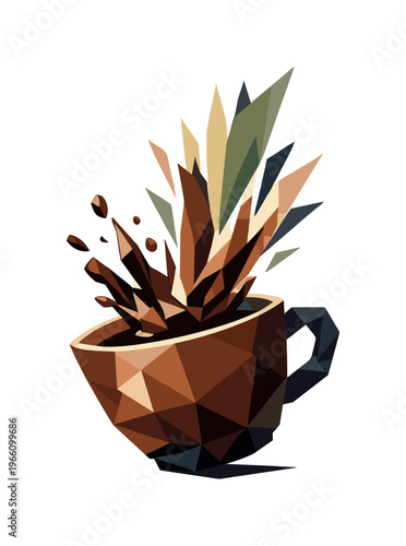 Low-poly vector illustration focused on caffeine rush cup, faceted coffee cup tilting forward as angular steam bursts upward in