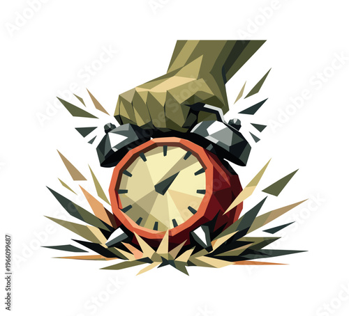 Low-poly vector illustration focused on alarm clock slam, faceted classic alarm clock captured in the instant of being slammed