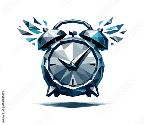 Low-poly vector illustration focused on alarm clock slam showing the setup moment before impact, geometric alarm clock lifted