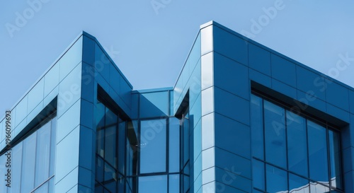 A blue building with a cloudy sky in the background
