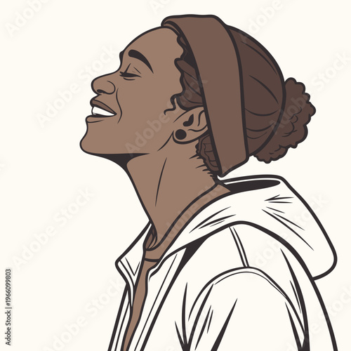 Smiling woman with head tilted back happy joyful