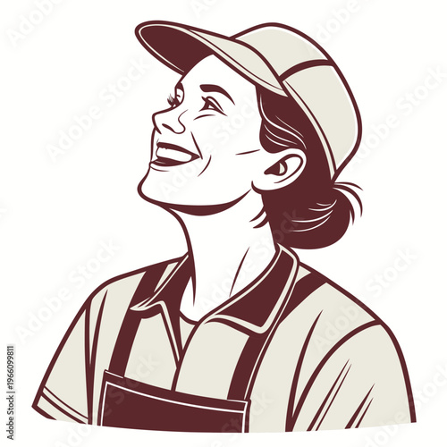 Female worker in uniform and cap with happy expression woman