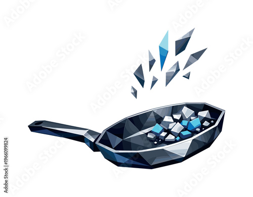 Polygonal Cooking Pan Flip. Low-poly vector illustration focused on cooking pan flip showing the setup moment before the toss,