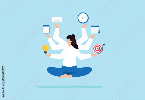 Flat illustration of multitasking businesswoman with six arms floating and handling ideas tasks emails goals time and planning in perfect balance