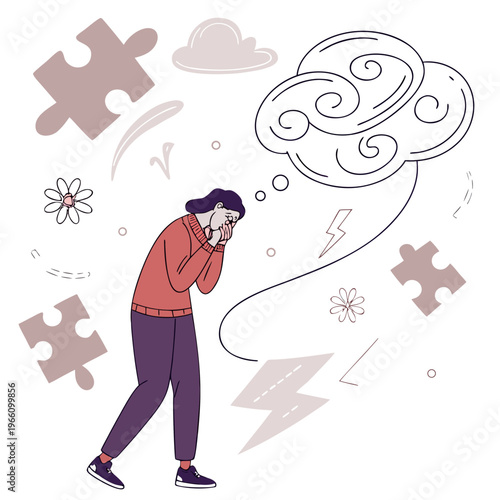 Person with anxious thoughts and puzzle pieces floating around