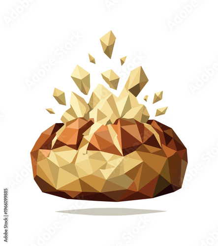 Low-poly vector illustration focused on bread rise lift, faceted loaf of bread expanding upward with angular crust segments and