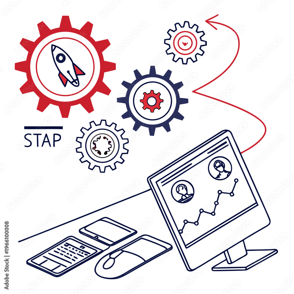 Fototapeta premium Computer and gears with rocket technology innovation