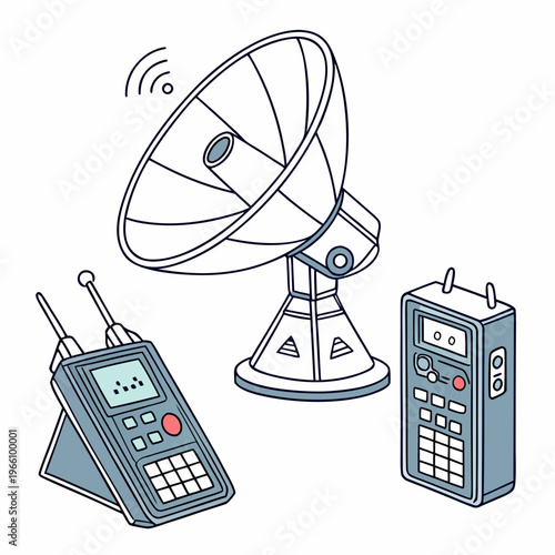 Satellite dish and two walkie talkies on a white background communication devices