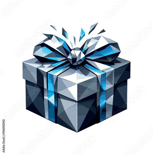 Low-poly vector illustration focused on gift ribbon burst showing the setup moment before opening, geometric gift box wrapped