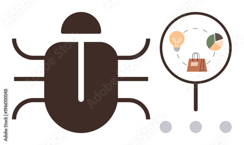 Cybersecurity, malware analysis, data protection, business insights, digital threats, analytics monitoring. Bug icon and magnifying glass with shopping, lightbulb, and pie chart symbols